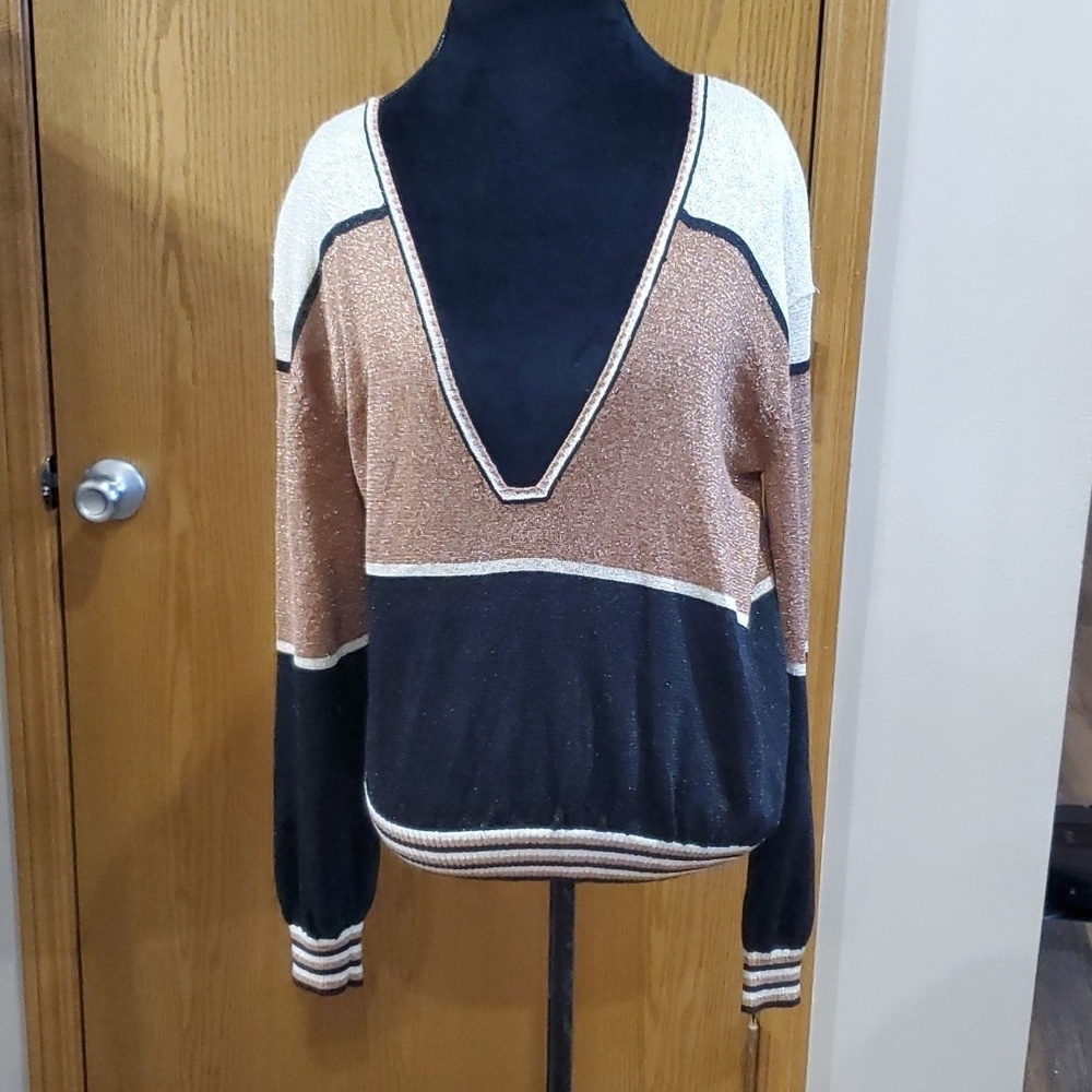 Free people metallic striped bronze black cream vneck sweater knit